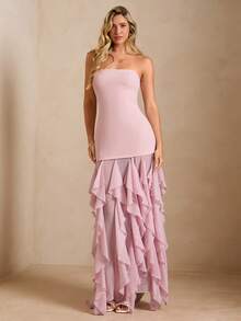 Enchnt 女士优雅纯色荷叶边连衣裙，夏季 - 粉色 - 查看 3