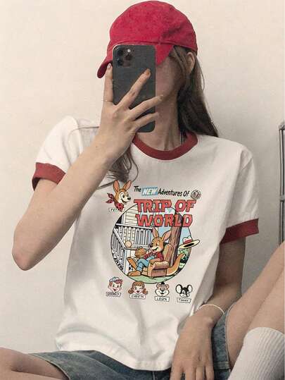 DAZY Women's Casual Cartoon Print Short Sleeve T-Shirt, Summer