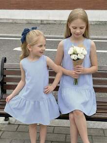 Sparklyn 女童休闲度假蓝色条纹A字连衣裙，夏季穿搭，柔软时尚的设计，适合度假、旅行、校园和日常穿着。 - 藍色 - 查看 2