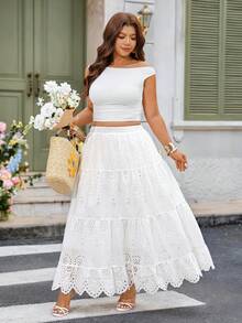 Breezaya Plus Size Women's Hollow Embroidered Skirt, White Long Skirt, High Waist Elastic Long Pleated Skirt, Bohemian Style Dress, Sundress, Beach Outfit, Spring/Summer Clothing - White - View 6