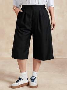 Dazy Plus Quần short Bermuda dáng rộng thoải mái cho nữ cỡ lớn, màu trơn, xuân/hè - màu đen - Xem 4