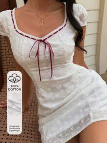 DAZY 春夏红色系带撞色拼接蝴蝶结蕾丝连衣裙，休闲甜美少女风，适合情人节、婚礼、派对、时尚活动等场合，修身优雅办公室迷你连衣裙 - 白色 - 查看 9