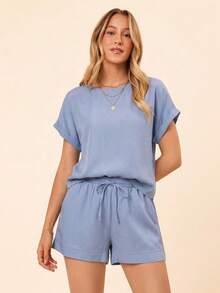 Coeurva 女士休闲浪漫舒适纯蓝色两件套，春夏两件套短袖连体衣，女士夏季休闲套装，短袖连体衣，蓝色两件套，女士短裤套装，春夏精选蓝色上衣和短裤休闲夏季套装，女士两件套 - 藍色 - 查看 14