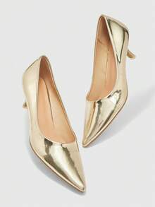 CUCCOO BIZCHIC Zapatos de tacón de aguja de gatito con punta afilada y diseño minimalista para mujer, simples y elegantes para la oficina y el trabajo - Dorado - Ver 6