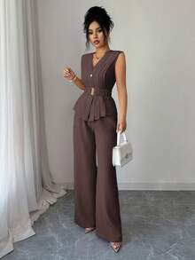 Elenzga 一件纯色纽扣前开襟马甲西装外套和一条裤子 - 棕色 - 查看 5