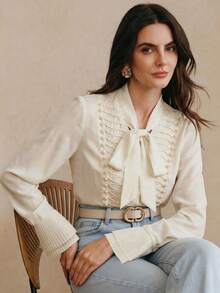 Anewsta Elegant Bowknot Tie Design Embroidered Beaded Women Blouse - Apricot - View 1