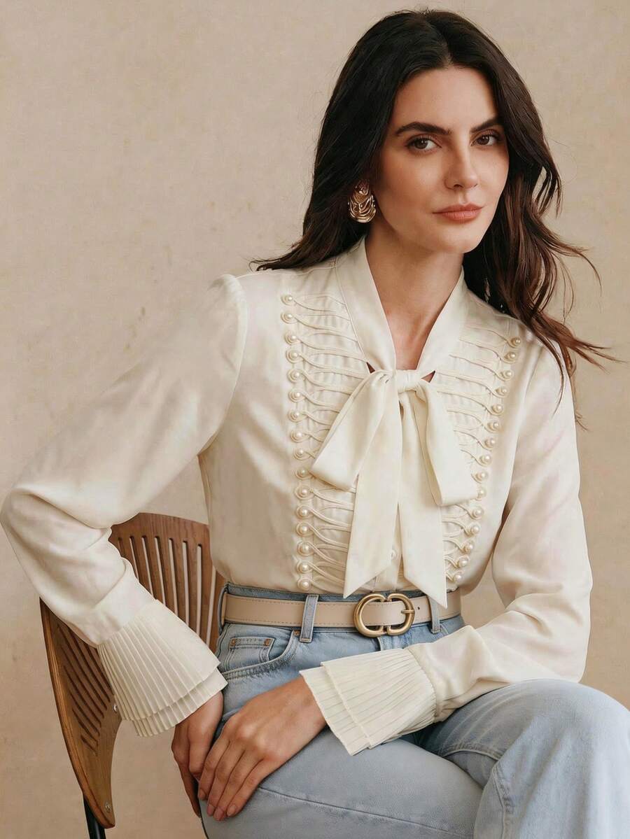 Anewsta Elegant Bowknot Tie Design Embroidered Beaded Women Blouse - Apricot - View 1