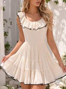 SHEIN Holidaya French Cream Puff Dress Apricot Black Trim,3D Ruffle Shoulder Double-Layer Pleated Skirt,Black And White,Summer,Cute,Vacation,Holiday Vintage Dress - Apricot - View 1