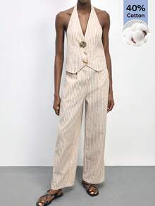 Maija Women's Striped Halter Top And Pants Set Summer Jumpsuit Woman Linen Jumpsuit Women Linen Outfit Pant Suit Summer Sets Resort Wear 2026 Cotton Sets For Woman, Metal Buckle Design, Unique Striped Suit, Spring/Summer Resort Style, Summer Outfits, Summer Clothes, Spring Clothes Women , St Patrick's Day, Beach Outfit For Women, Cotton Jumpsuits For Woman Halter Jumpsuit - Multicolor - View 5
