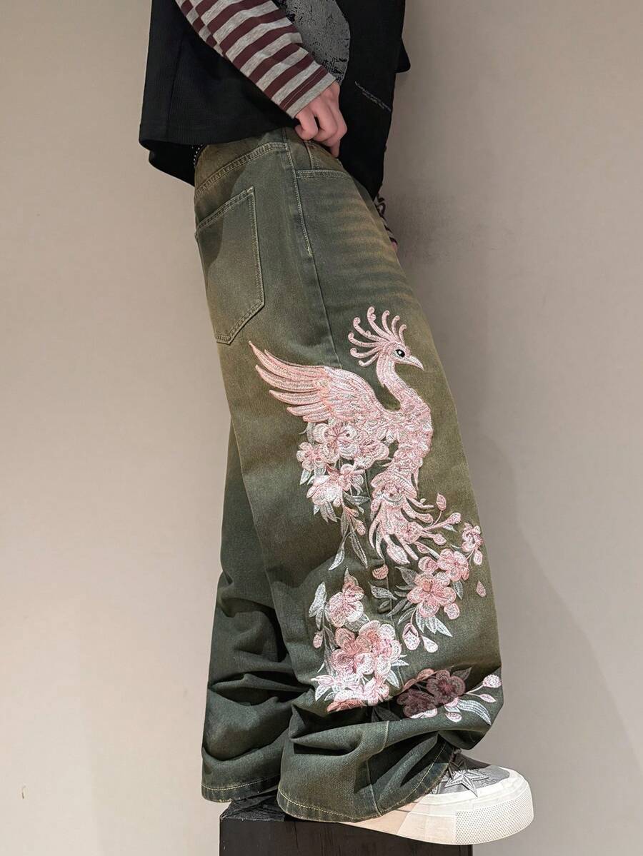 STEELVANCE 复古街头风休闲宽松直筒牛仔裤，饰有刺绣猫须图案，百搭日常穿着 - 藍色 - 查看 1