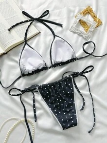 Swim Mod Women's Random Floral Trim Halter Bikini Set, Spring/Summer - Black and White - View 3