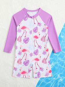 SHEIN 1pc Girls Shark Print Long Sleeve One-Piece Swimsuit, Cute Design, Sun Protection, Summer - Purple - View 7