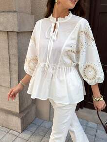 Solivie Women's White Embroidered Blouse, Elegant Holiday Doll Shirt - White - View 4