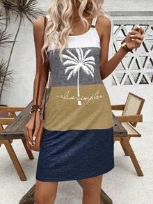 EMERY ROSE 撞色椰树字母印花吊带裙，双肩带设计，饰有圆环，适合度假海滩穿着，女士款 - 彩色 - 查看 5