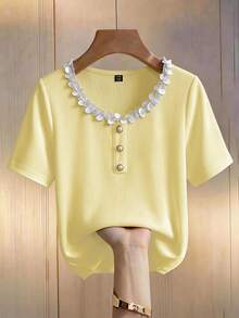 Franclia Women's Yellow Elegant Summer Knit Tops, Retro Tea Party Brunch Short Sleeve Square Neck Button Blouse, Business Casual Office Shirt For Vacation - Yellow - View 8