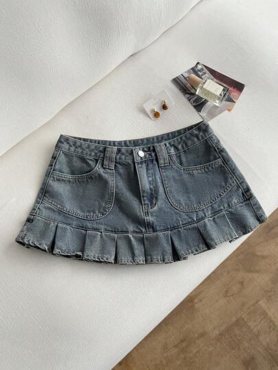 Elamini Women's Pocketed Button Pleated Casual Versatile Date Outing Denim Mini Skirt