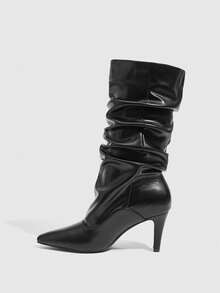 Daringsoles Ladies Sexy Pleated Black Wide-Leg Boots Slip-On PU Leather Avant-Garde Stiletto High-Heeled Women's Boots Gorgeous - Black - View 11