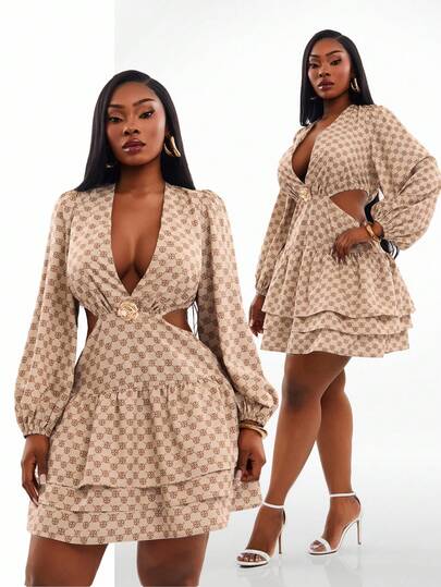 SHEIN SXY 大码女式深V领金属装饰镂空褶皱优雅连衣裙，适合夏季穿着