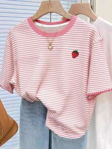 Resyla Striped Digital Print, Strawberry Embroidery Casual Round Neck T-Shirt, A Gift For Friends - Multicolor - View 3