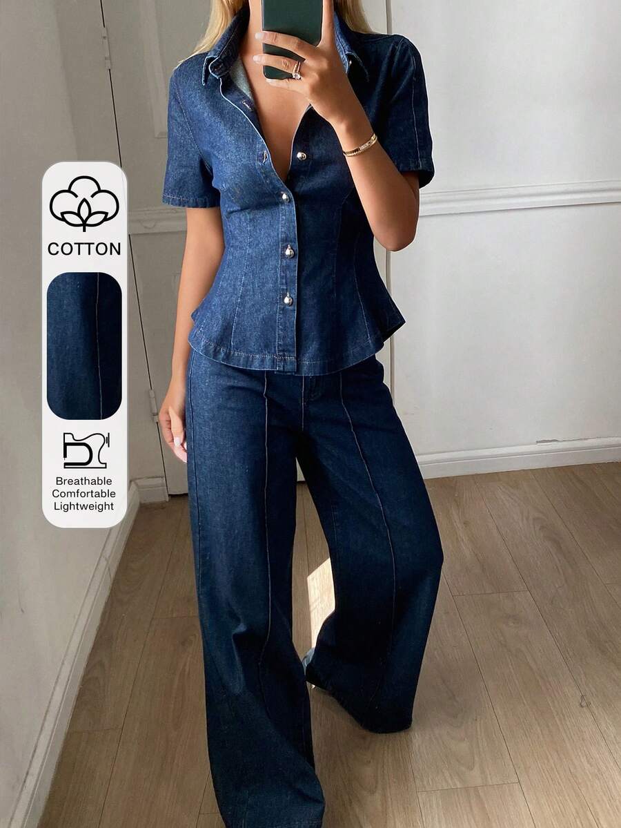 DAZY 女士翻领短袖收腰牛仔开衫搭配宽松牛仔裤休闲套装 - 深色水洗藍 - 查看 1