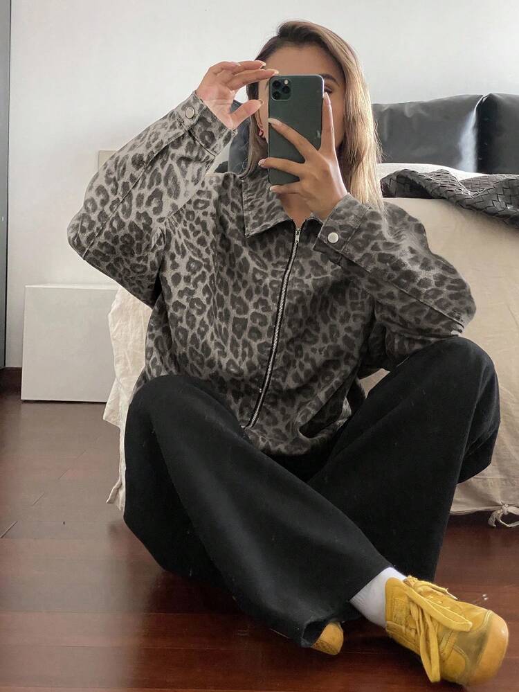 Tall Women's Extended Sleeve Leopard Print Casual Denim Jacket And Coat, Loose Fit Turndown Collar Streetwear