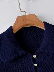 Versatile Solid Color Short Sleeve Hollow-Out Knit Top - Royal Blue - View 4