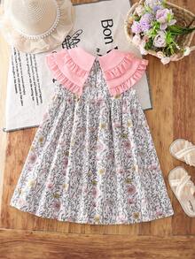 Young Girl Vacation Casual Colorblock Ruffle Floral Print Dress Young Girls Clothing Vintage Dress For Kids Kids Clothes - Pink - View 2