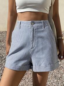 DAZY Women's Striped Cuffed Pocket High Waist Casual Versatile Denim Shorts, Spring/Summer Jorts - Blue - View 8