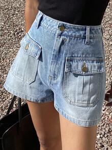 Livesso Women's Washed Blue Denim Shorts With Large Pockets, Suitable For Summer Beach Holiday Jorts - Blue - View 7