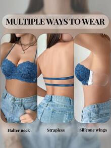 1pc Lace Backless Underwire Bra, Small Bust Enhancing Seamless Strapless Camisole Bra - Blue - View 6