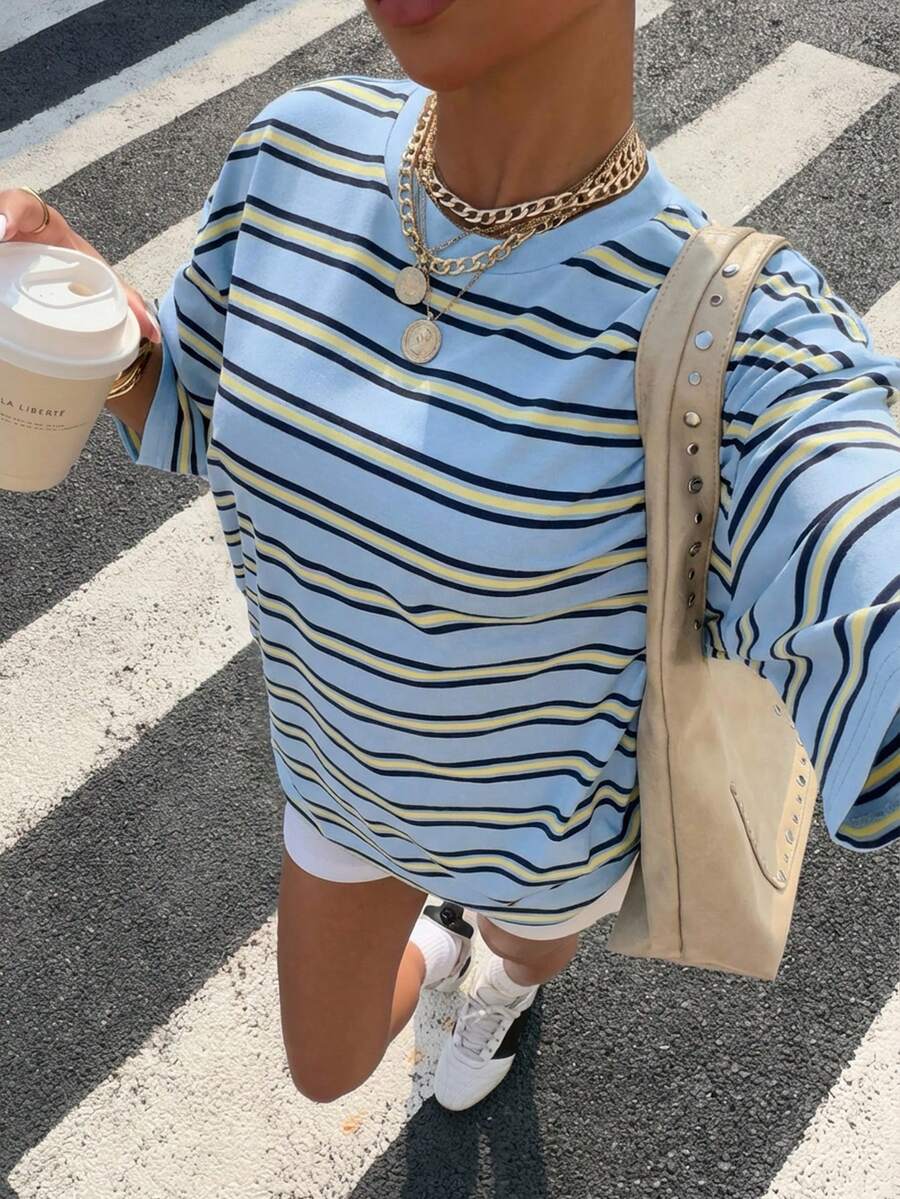 Muchica Women's Blue Striped Loose Short Sleeve T-Shirt, New Arrival For Summer - Blue - View 1