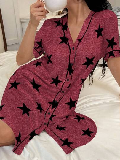 SHEIN Camisón casual americano de mujer con estampado de estrellas y cuello en V de manga corta