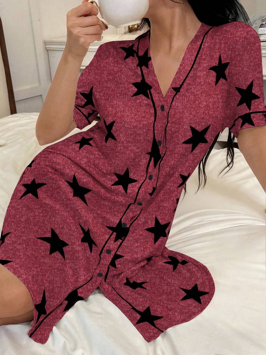 SHEIN 美国休闲星形印花V领短袖女士睡裙 - 酒紅色 - 查看 1
