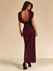 SHEIN BAE 酒红色露背深V领性感蕾丝长裙，优雅度假沙滩长裙，秋夏季 - 酒紅色 - 查看 2