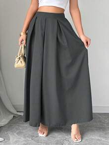 Rafferiza Petite Petite Solid Color A-Line Pocket Waist Skirt For Women Maxi Women Outfit - Grey - View 6