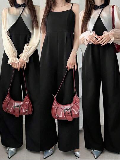 FRIFUL Women's Criss-Cross Wrap Cover Up With Contrast Color Camisole & Wide Leg Jumpsuit 2 Pieces Set