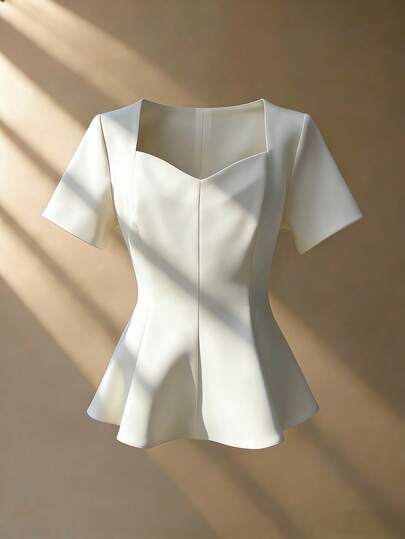 Elenzga Women's Solid Color Mandarin Collar Square Neck Cinched Waist A-Line Short Sleeve Apricot Blouse, Elegant French Retro Street Style, Versatile For Casual, Formal, Office, Vacation, Spring/Summer