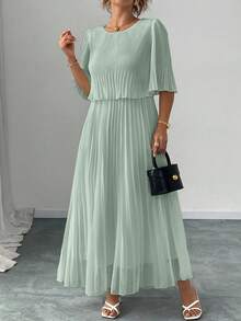 Elenzga Đầm xếp ly bằng chiffon màu trơn thanh lịch, cỡ lớn, thích hợp cho mùa xuân/hè. - Fresh Green - Xem 4