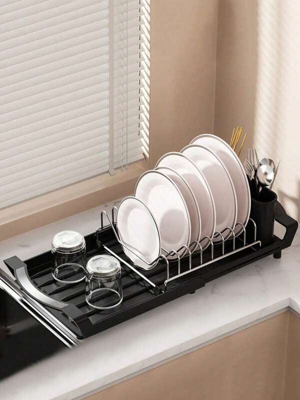 1pc Kitchen Retractable Dish Drying Rack, Multifunctional Dish Organizer