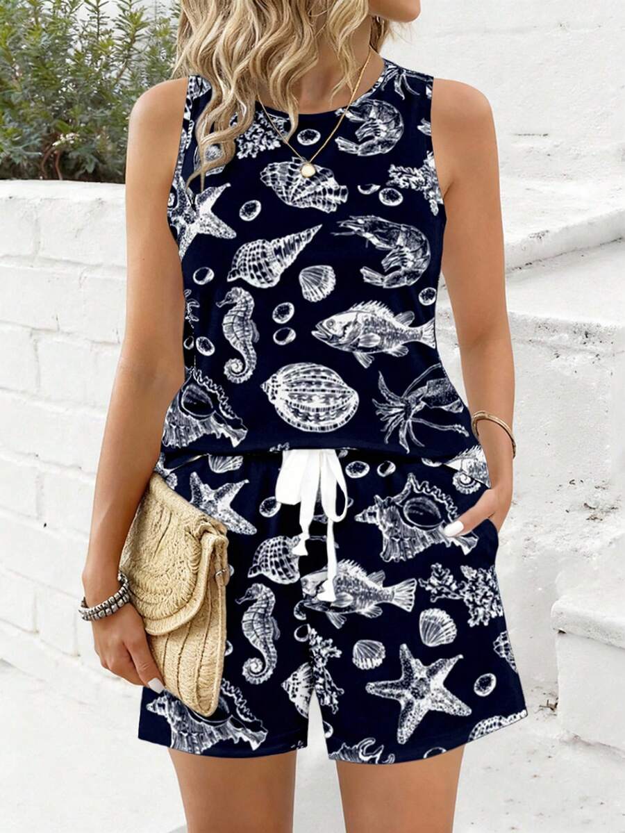 EMERY ROSE Women Multicolor Knitted Fabric Boho Camisole And Shorts Set With Round Neck And Pockets Seashell Print Two Piece Outfit - Multicolor - View 1