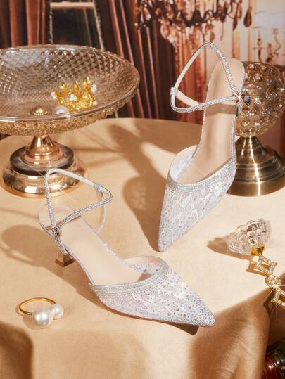 CUCCOO TILAWA Women Shoes Women's Fashion Pointed Silver Rhinestone Strip With Ankle Strap Mesh Splicing Fashion Party Dinner Gorgeous Sexy Kitten And Women's High Heel Shoes Empty Shoes