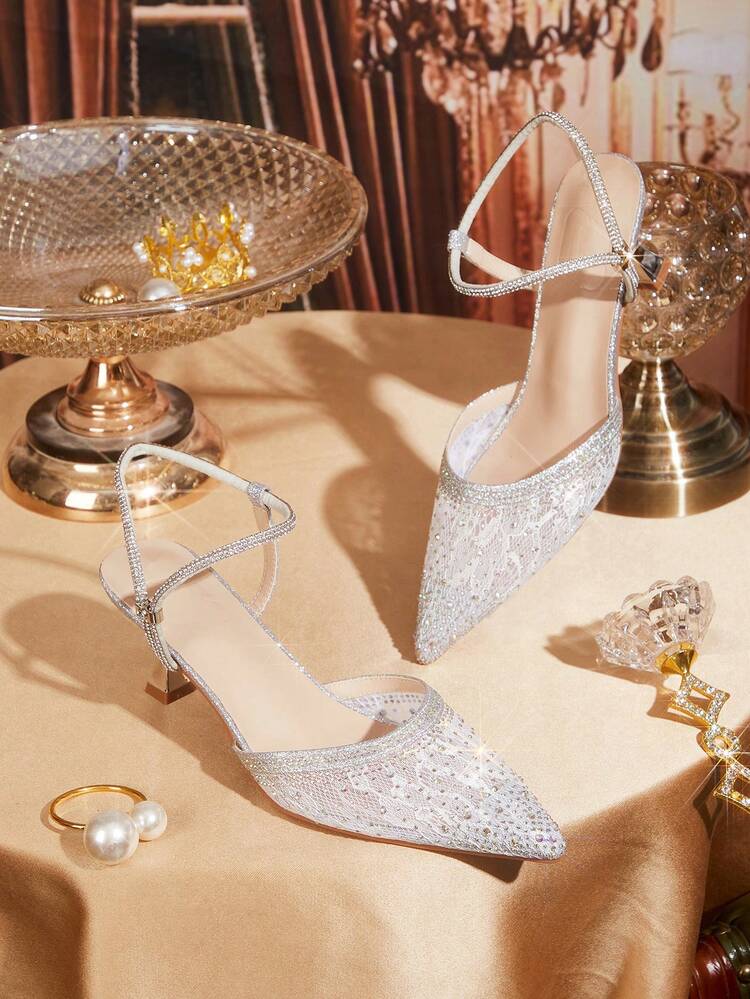 CUCCOO TILAWA Women Shoes Women's Fashion Pointed Silver Rhinestone Strip With Ankle Strap Mesh Splicing Fashion Party Dinner Gorgeous Sexy Kitten And Women's High Heel Shoes Empty Shoes
