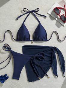 Swim Vcay 女士纯色金属吊坠系带露背性感比基尼三件套，适合海滩度假穿着，新款女士泳装比基尼套装，连体泳衣。 - 藏蓝色 - 查看 1