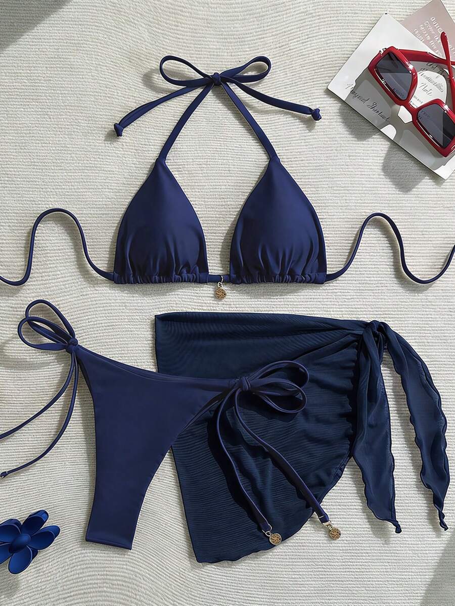 Swim Vcay 女士纯色金属吊坠系带露背性感比基尼三件套,适合海滩度假穿着,新款女士泳装比基尼套装,连体泳衣。 - 藏蓝色 - 查看 1