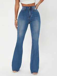 Flexra High Waist Flare Leg Jeans - Medium Wash - View 1