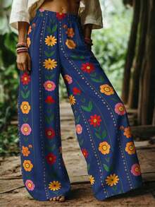 Balvessa Quần ống rộng in hoa phong cách thường ngày dành cho nữ, thích hợp cho kỳ nghỉ. - Màu xanh hải quân - Xem 1