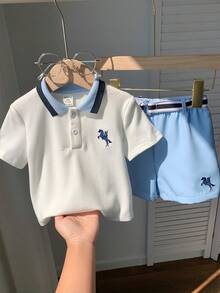 SHEIN Bộ 3 món áo polo dễ thương cho bé trai/bé gái, kiểu dáng thường ngày, kèm thắt lưng, thích hợp cho mùa xuân/hè. - Màu xanh lam - Xem 7