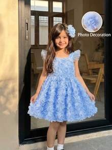 SHEIN Elladie kids 小女孩优雅3D立体花卉刺绣短袖连衣裙，公主裙，适合表演、派对、生日、婚礼等场合。 - 藍色 - 查看 5
