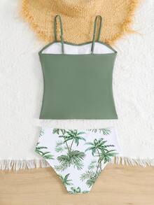 SHEIN Teen Girls Bikini Sets, Tropical Coconut Tree Knit Fabric Spaghetti Strap Crop Top And Triangle Bottoms 2 Piece Swimsuit, Fashionable Casual Elegant Lady Style, Suitable For Swimming, Summer Vacation, Beach, Pool, Holiday Party - Green - View 2
