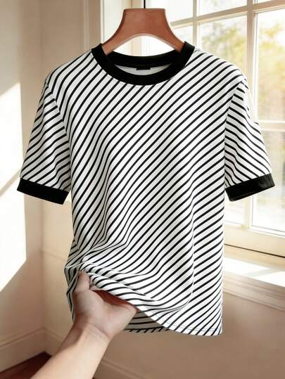 Franclia Camiseta de mujer de moda casual, de cuello redondo, holgada y a rayas, de diseño minimalista y versátil, para primavera/verano